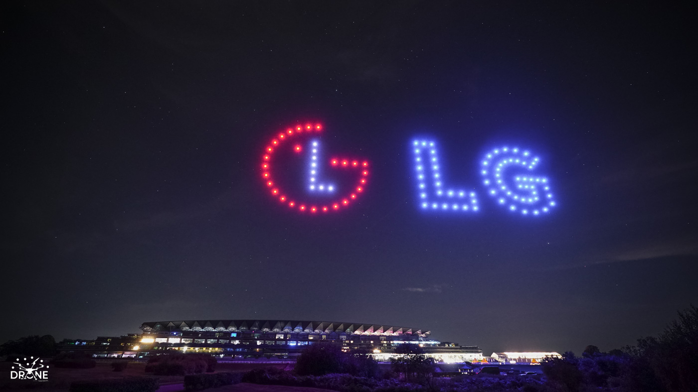 LG logo formed by coloured drones above Ascot